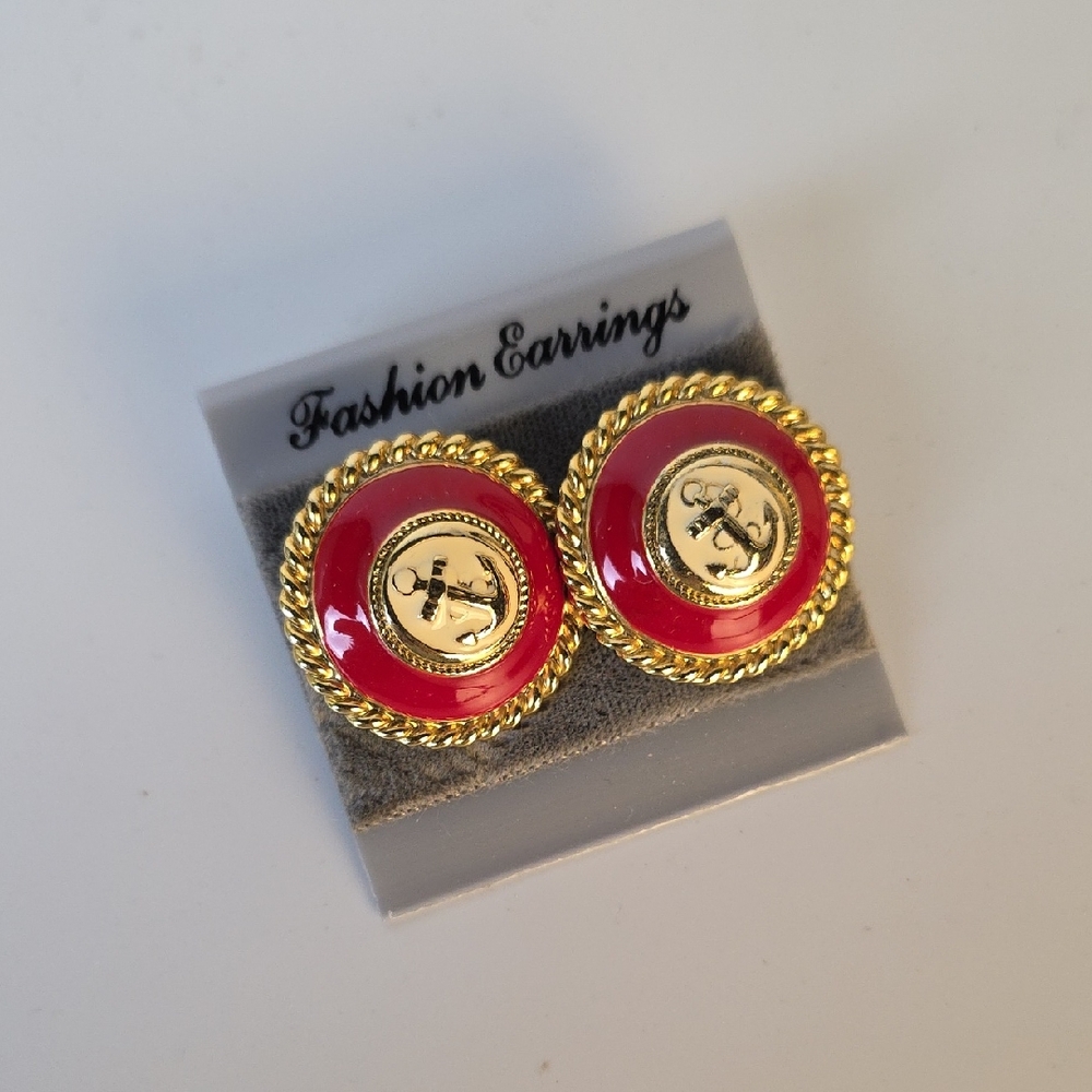 Gold Tone and Red Anchor Earrings